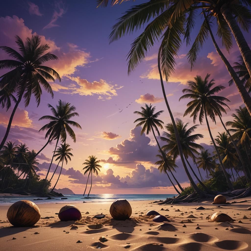 Serene Sunset Beach with Silhouetted Palms, Fantasy Art