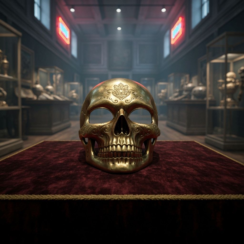Gilded Skull Mask in Dusty Museum: Macabre Beauty