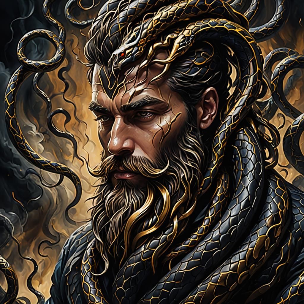 Surreal Man with Snake Beard in Vortex