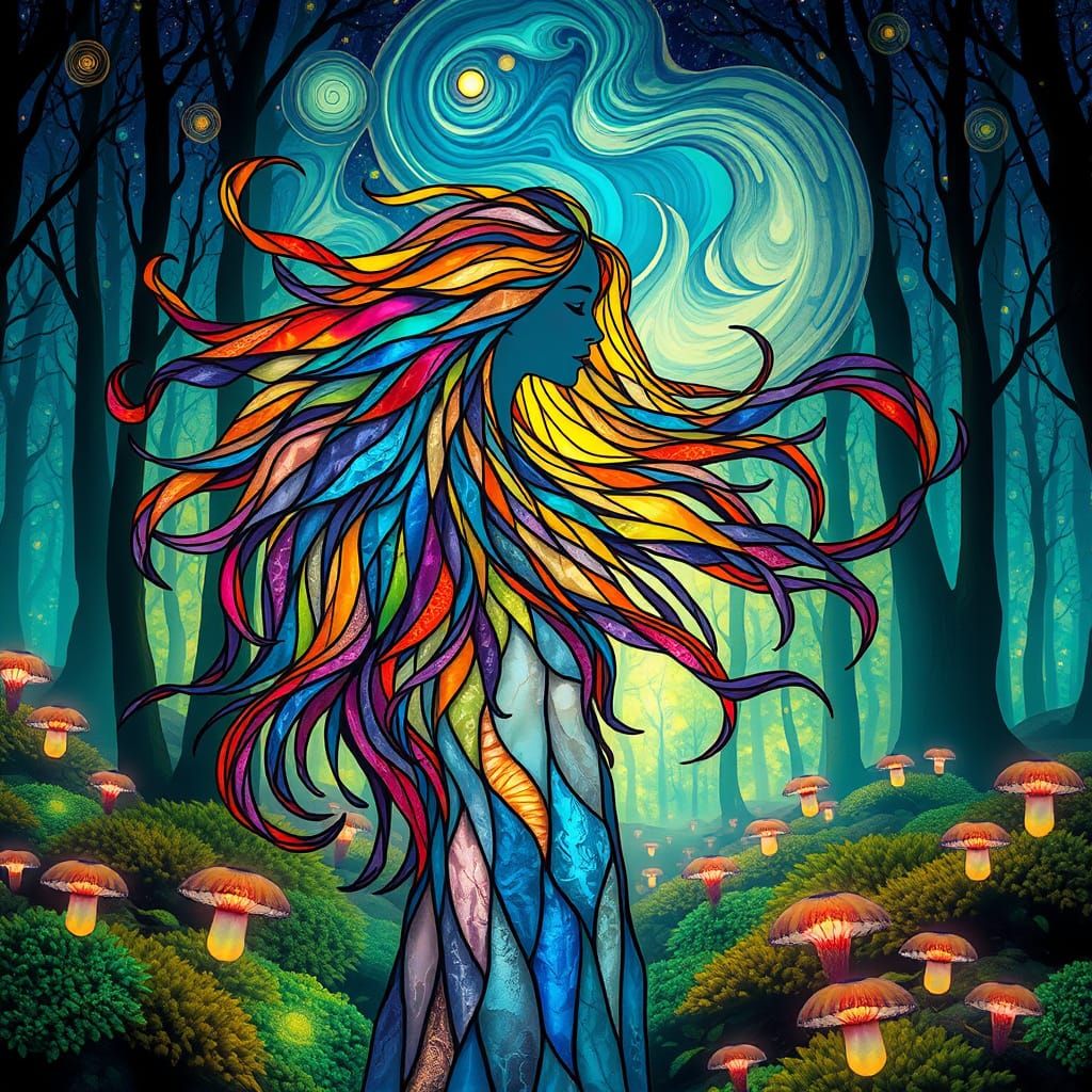 Stained Glass Woman in Bioluminescent Forest