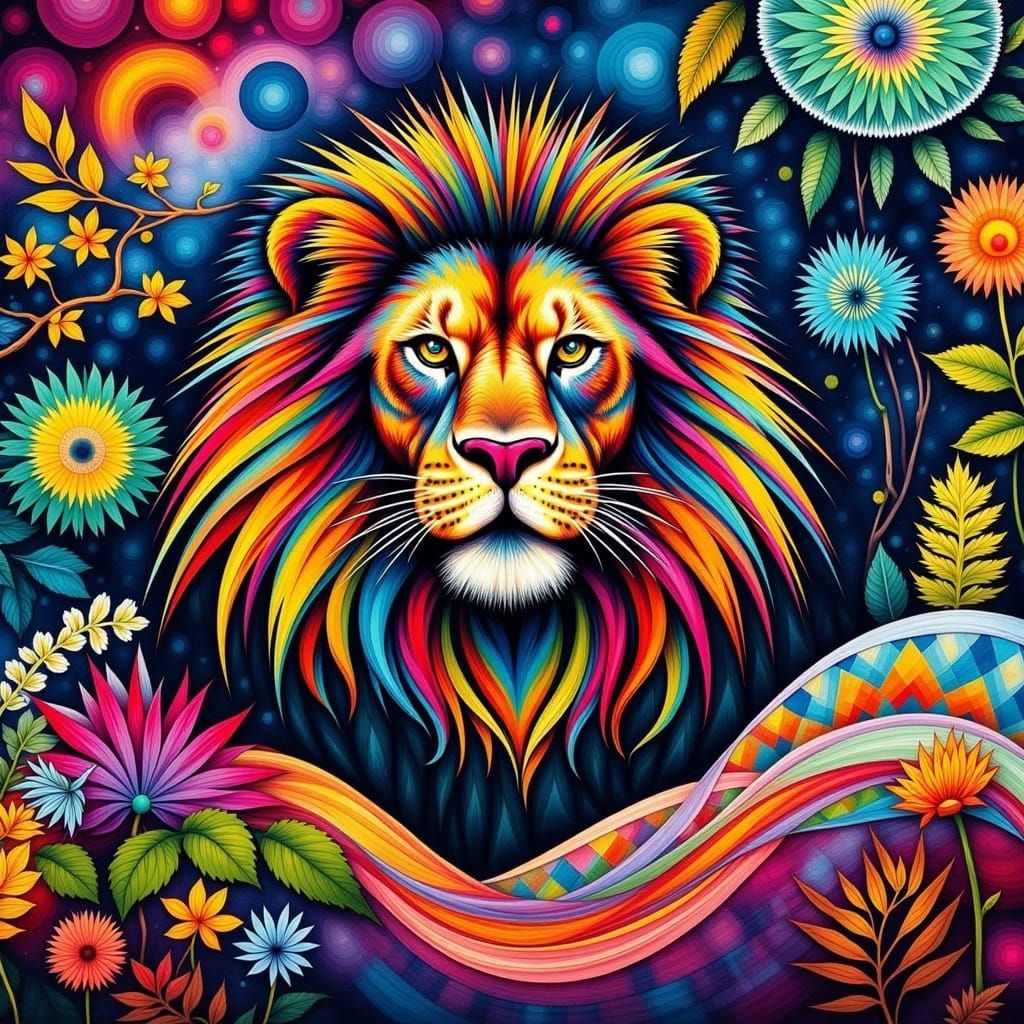 Majestic Multicolored Lion Emerge from Psychedelic Jungle Fa...