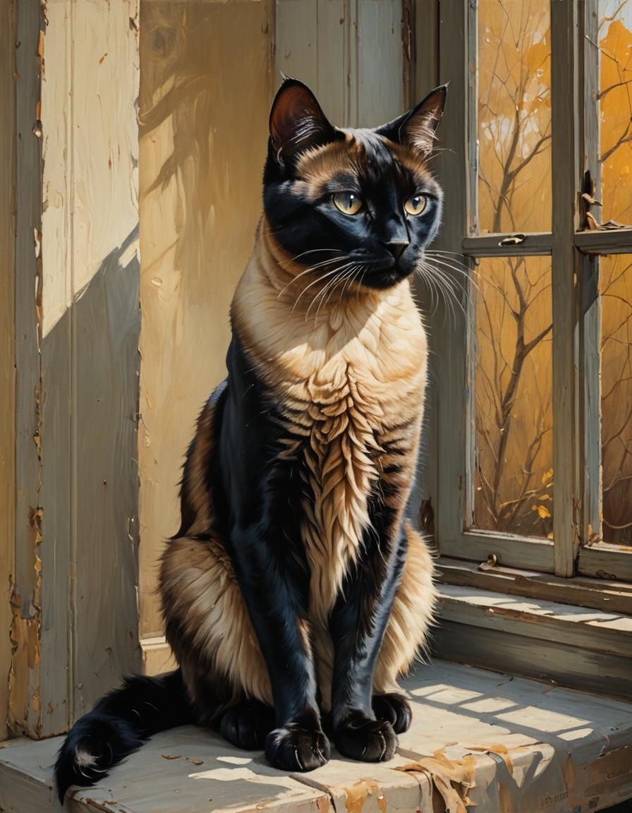 Traditional Oil Painting of a Siamese Black Cat in a Warm Go...