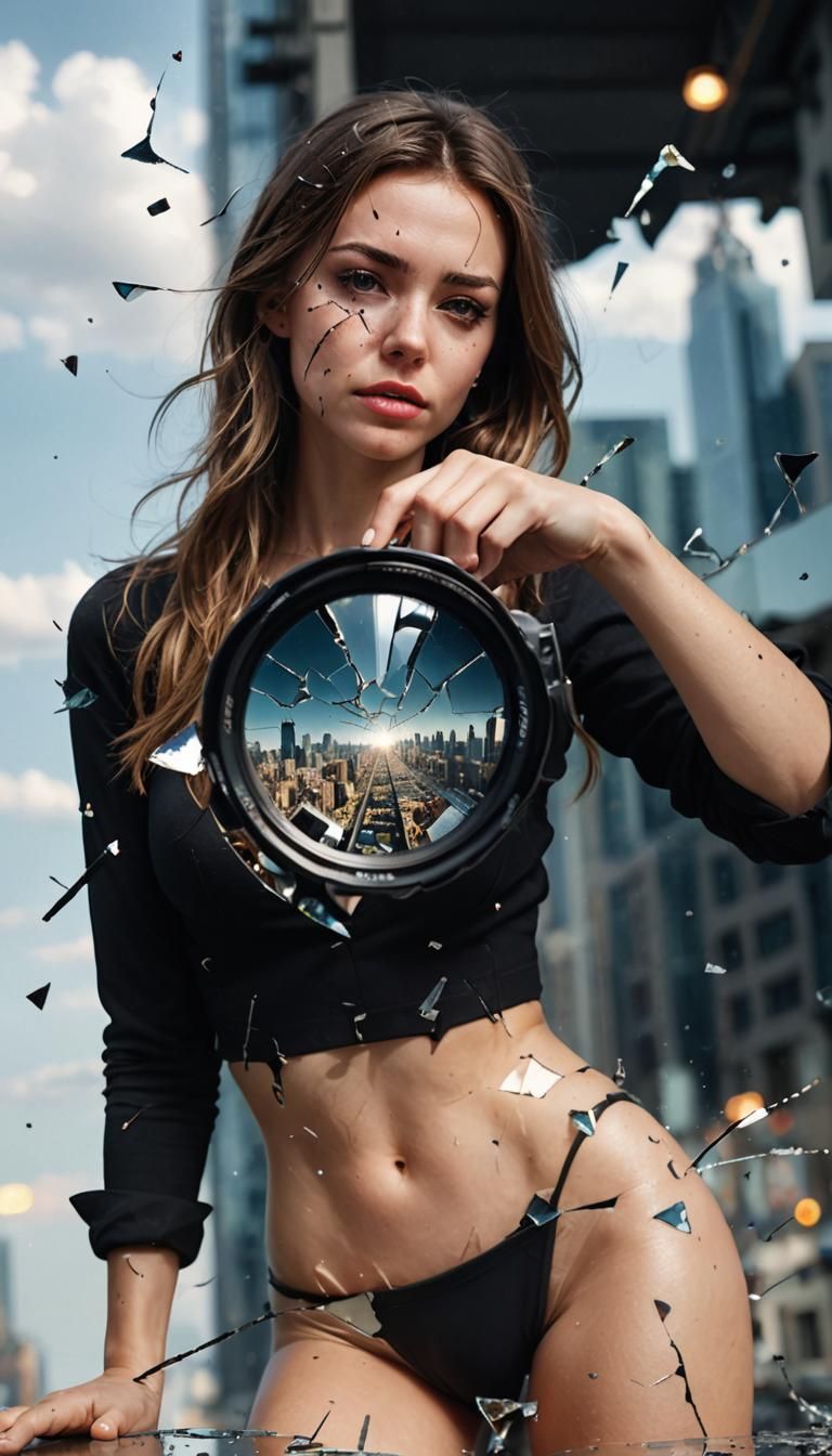 Cracked Camera Lens Reflecting Cityscape: Digital Art