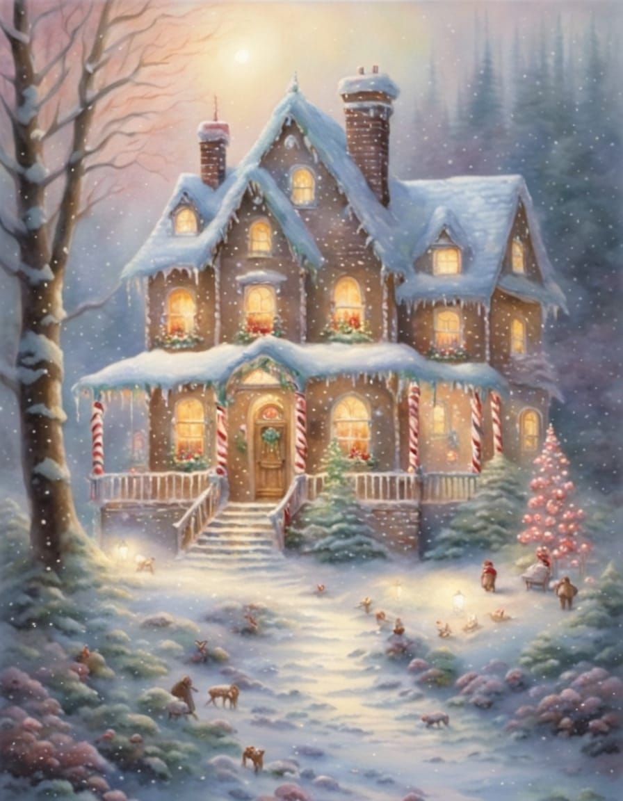 Ethereal Gingerbread House in Snowy Forest
