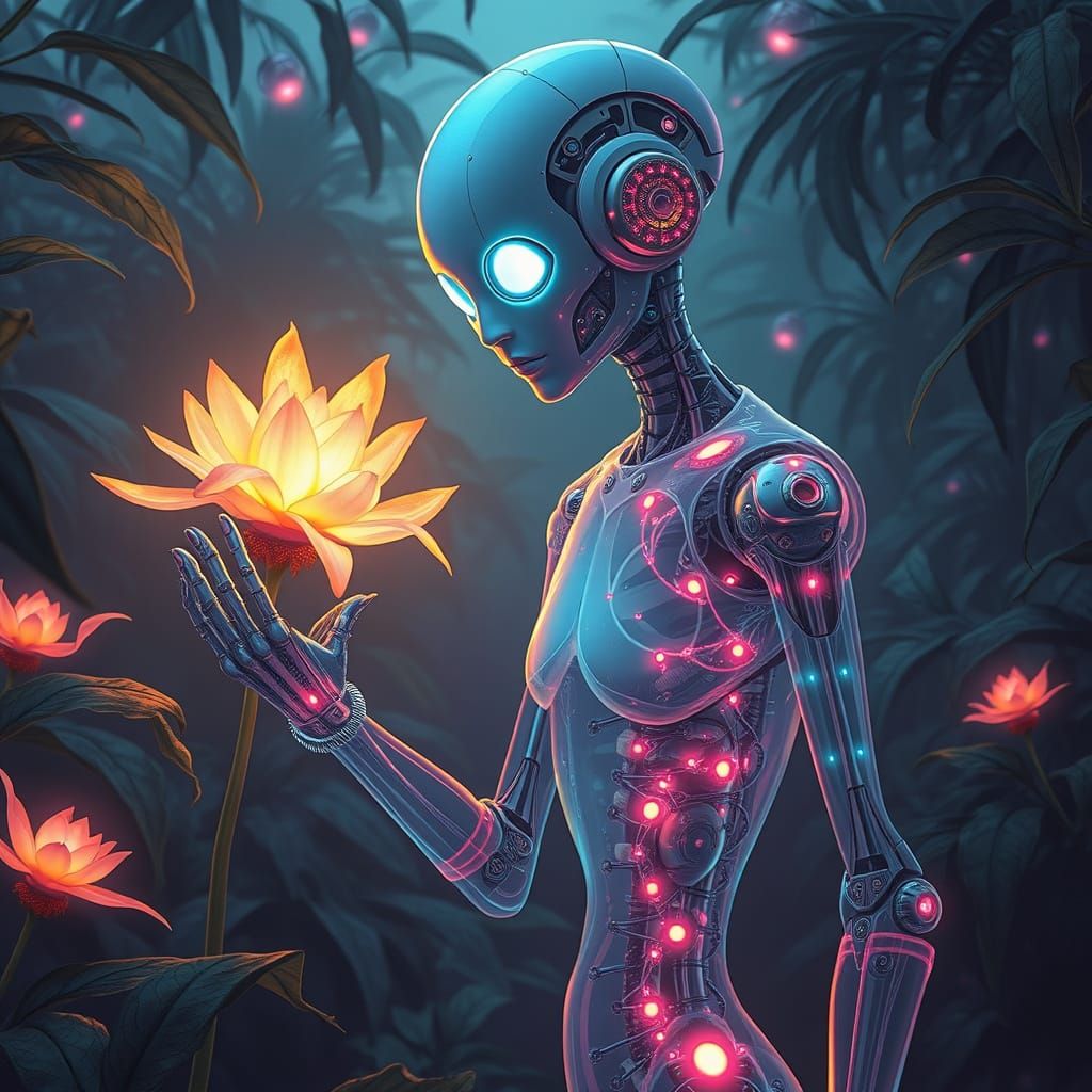 Bioluminescent Android in Cyberpunk Botanical Garden