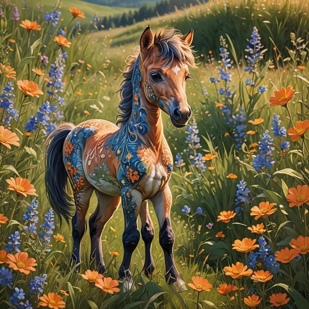 Anime Foal in Vibrant Meadow: Detailed Matte Painting