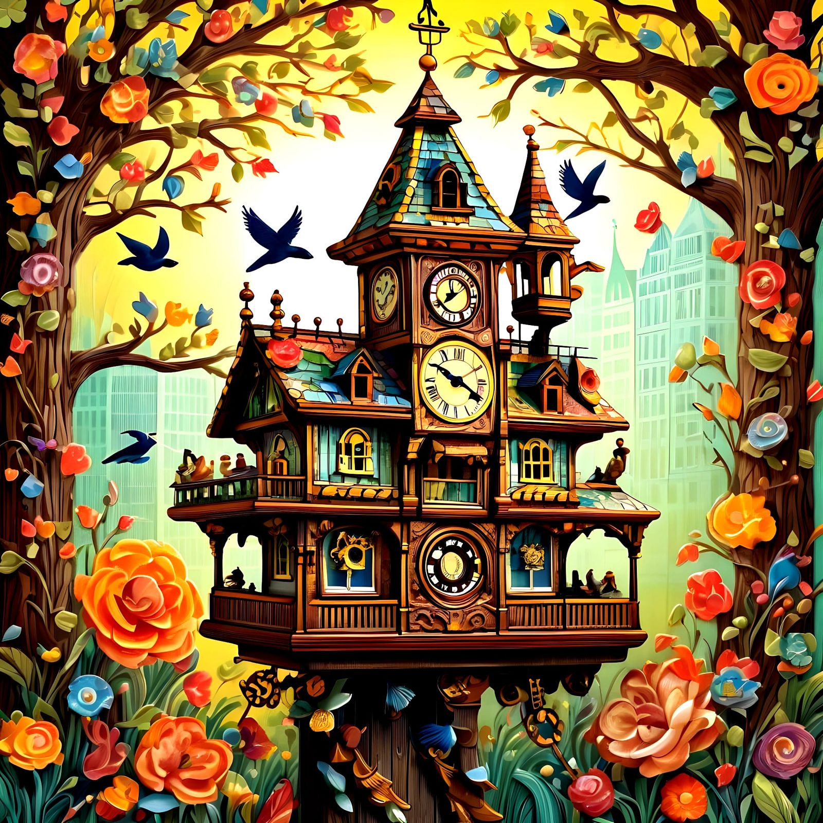 Whimsical Big Ben Birdhouse Cuckoo Clock Illustration