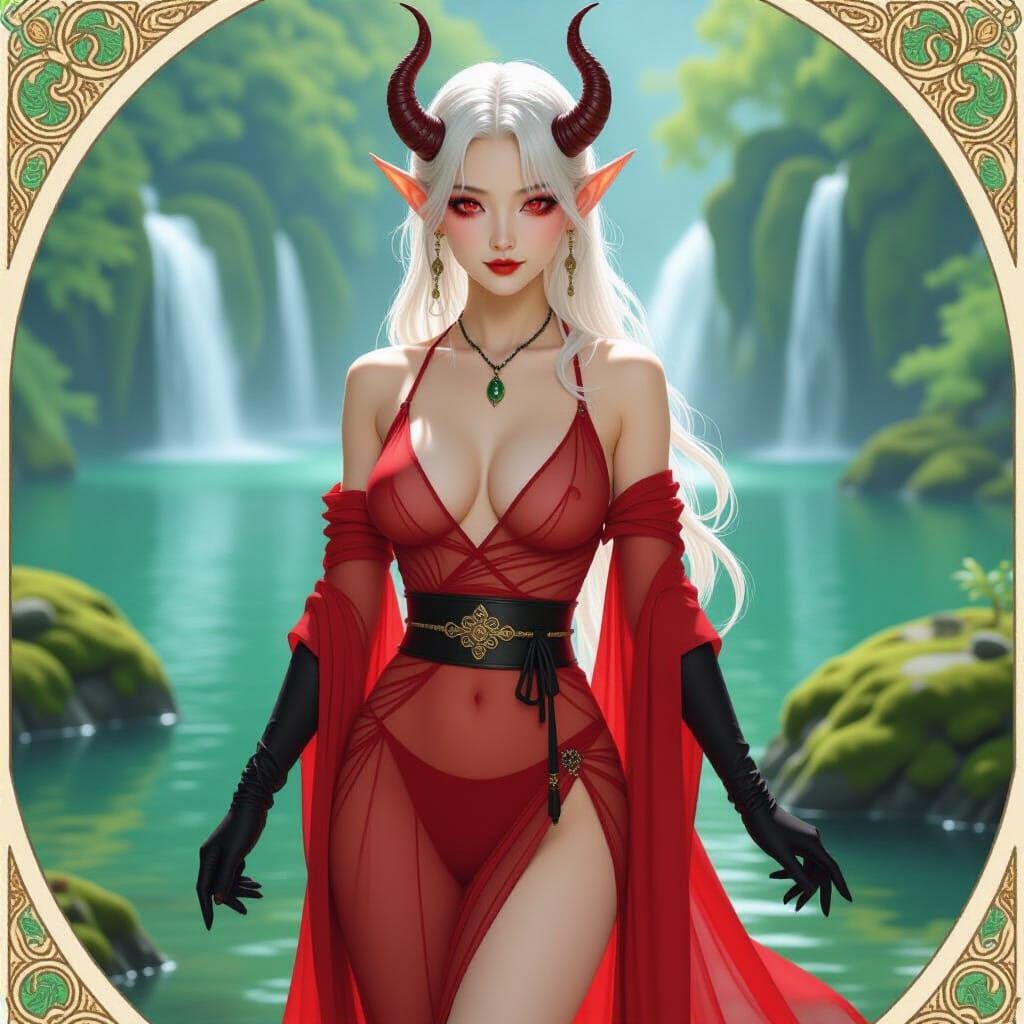 Ethereal Tiefling in Serene Landscape, Art Nouveau Style