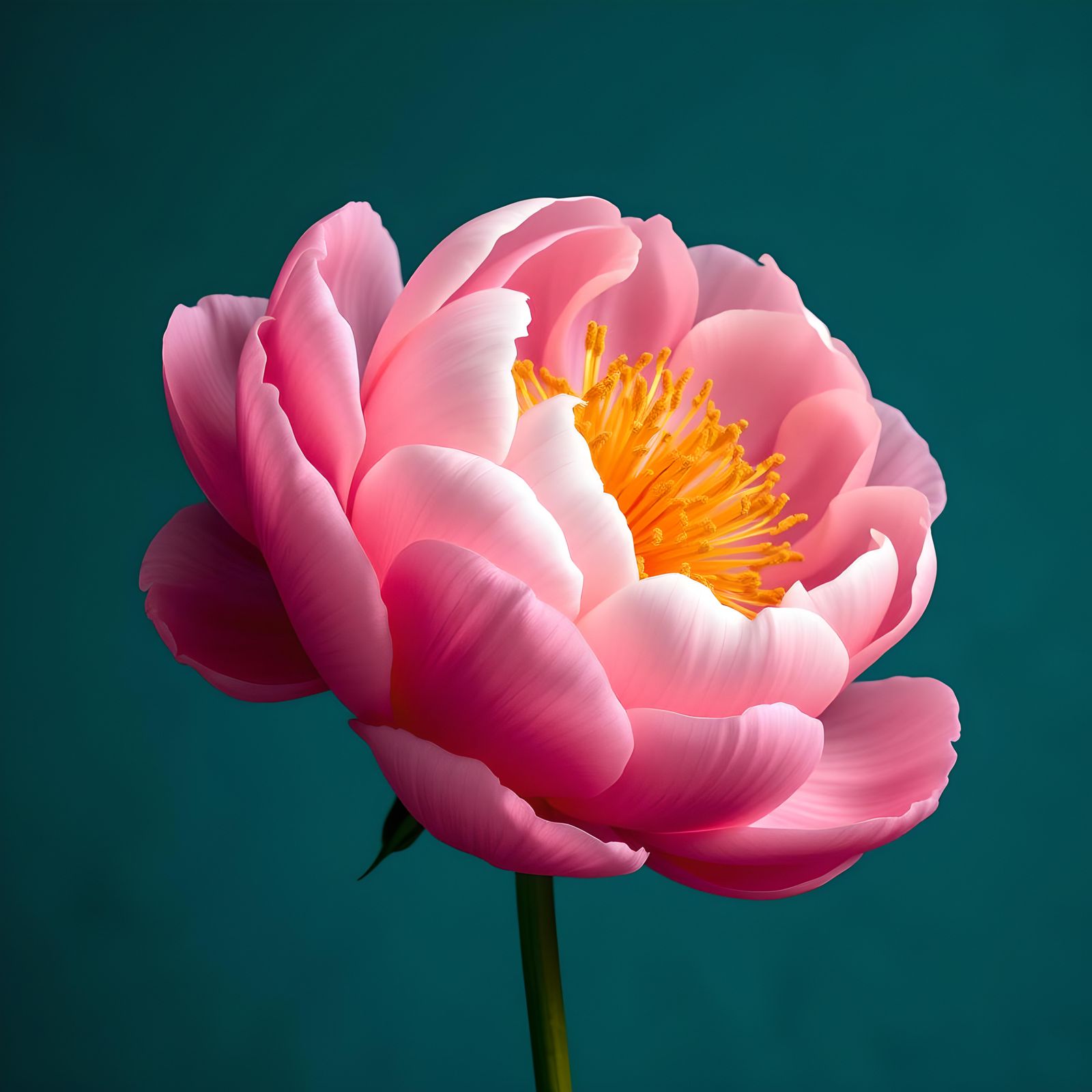 Hyperrealistic Pink Peony on Turquoise Background