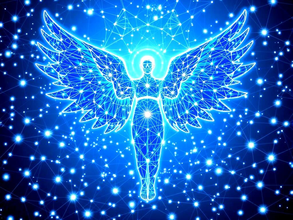 Winged Angel of Interconnected Neon Blue Stars