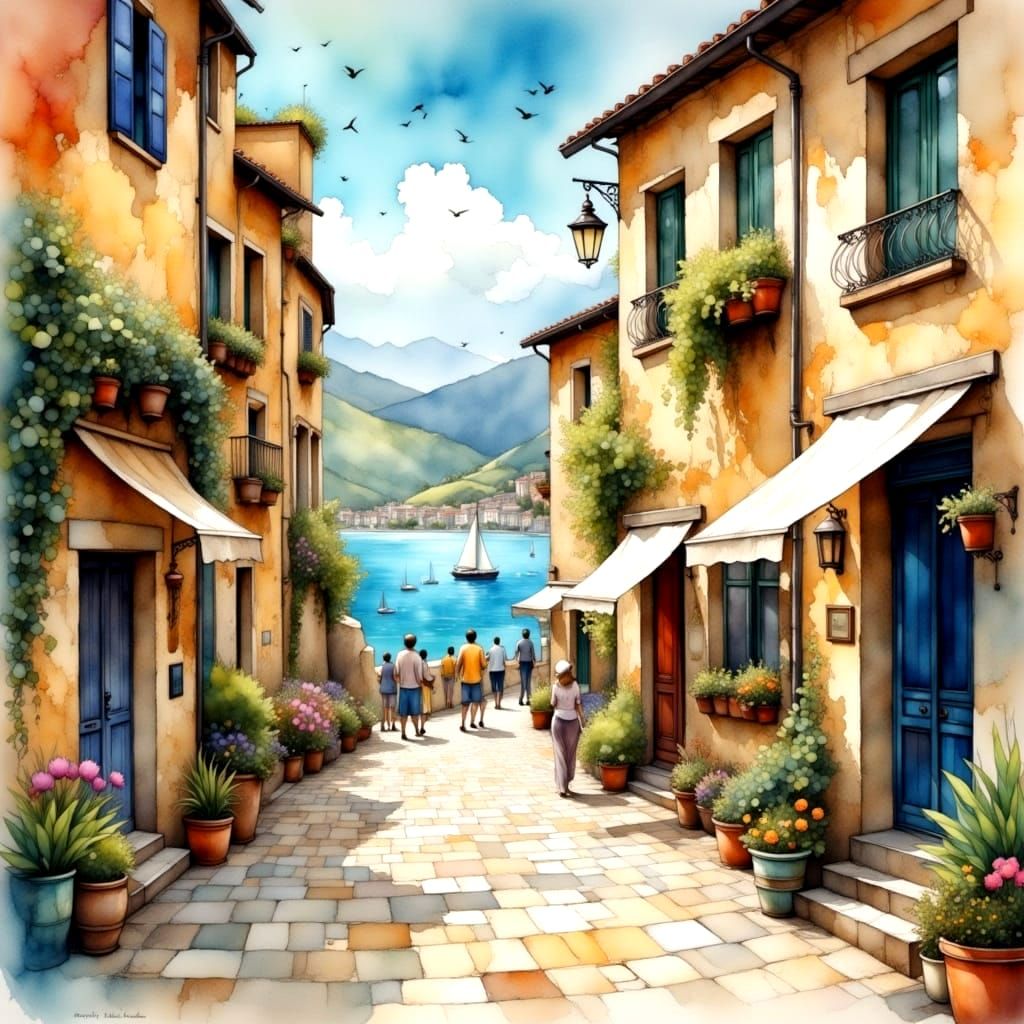 Vibrant Mediterranean Street Scene with Ancient Villas and O...