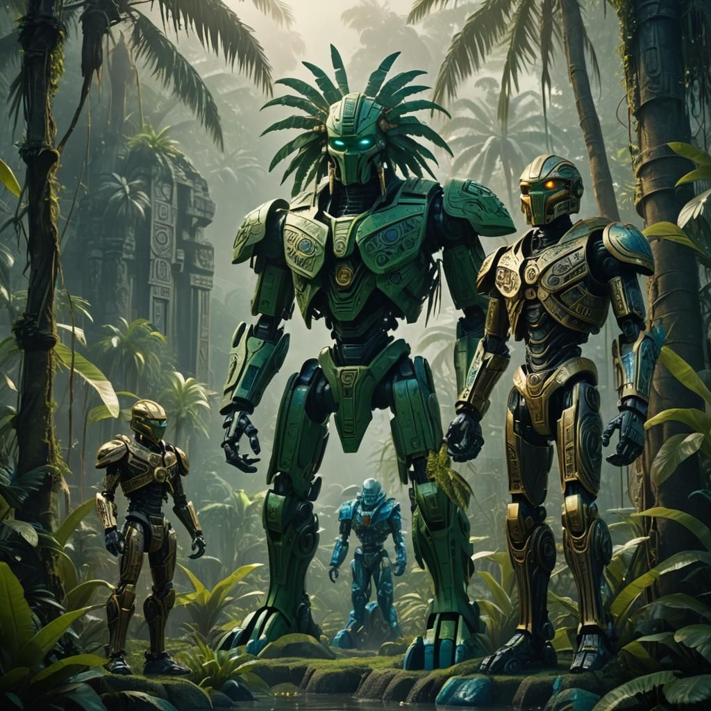 Mystical Jungle Scene with Bionicle Statues in Matte Paintin...