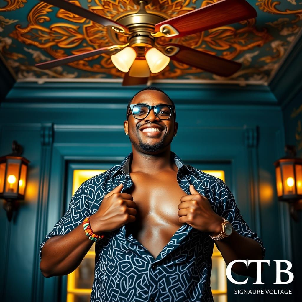 Stylish Black Man in Geometric Shirt with Warm Amber Lightin...