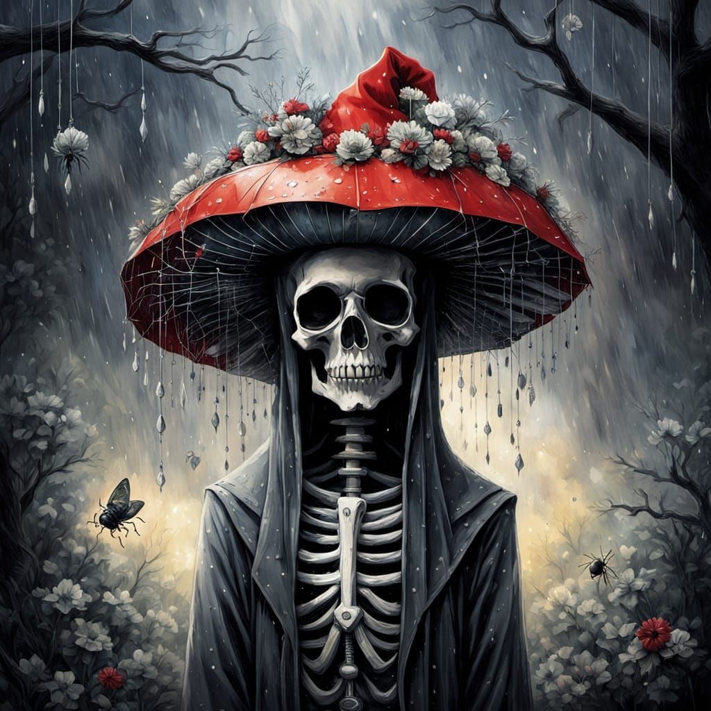 Mysterious Skeleton & Cap with Gray Flowers in Watercolor Po...