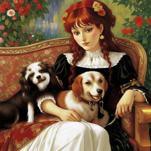 Woman Petting Dog: Classic Painting Style