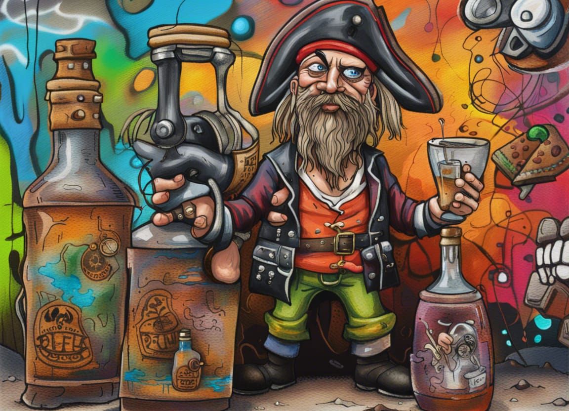 Pirate Captain Surveys Haifa Bay in Graffiti Art Style