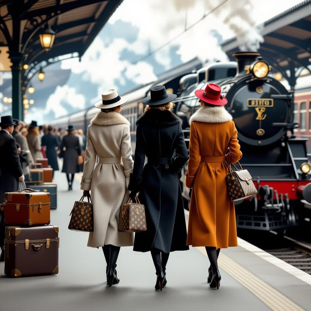 Paris Train Station Scene with Elegant Ladies in Art Deco St...