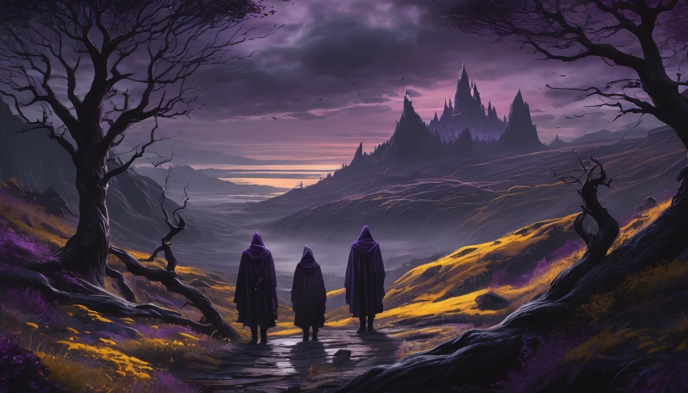 Mysterious Hooded Figure in Dark Fantasy Landscape