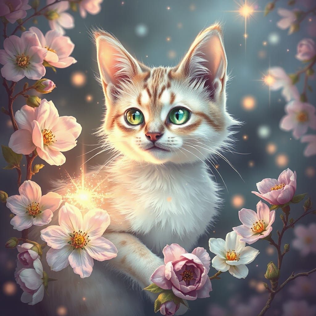 Celestial Cat Spirit in Dreamlike Fantasy Garden
