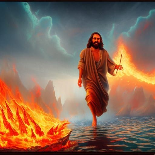 Jesus Walks on Water Surrounded by Fire