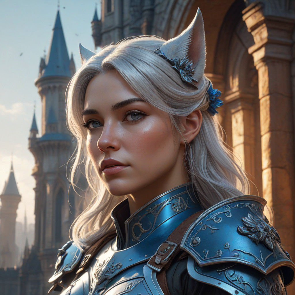 Ethereal Lady Warrior in Majestic Blue and Silver Armor Besi...