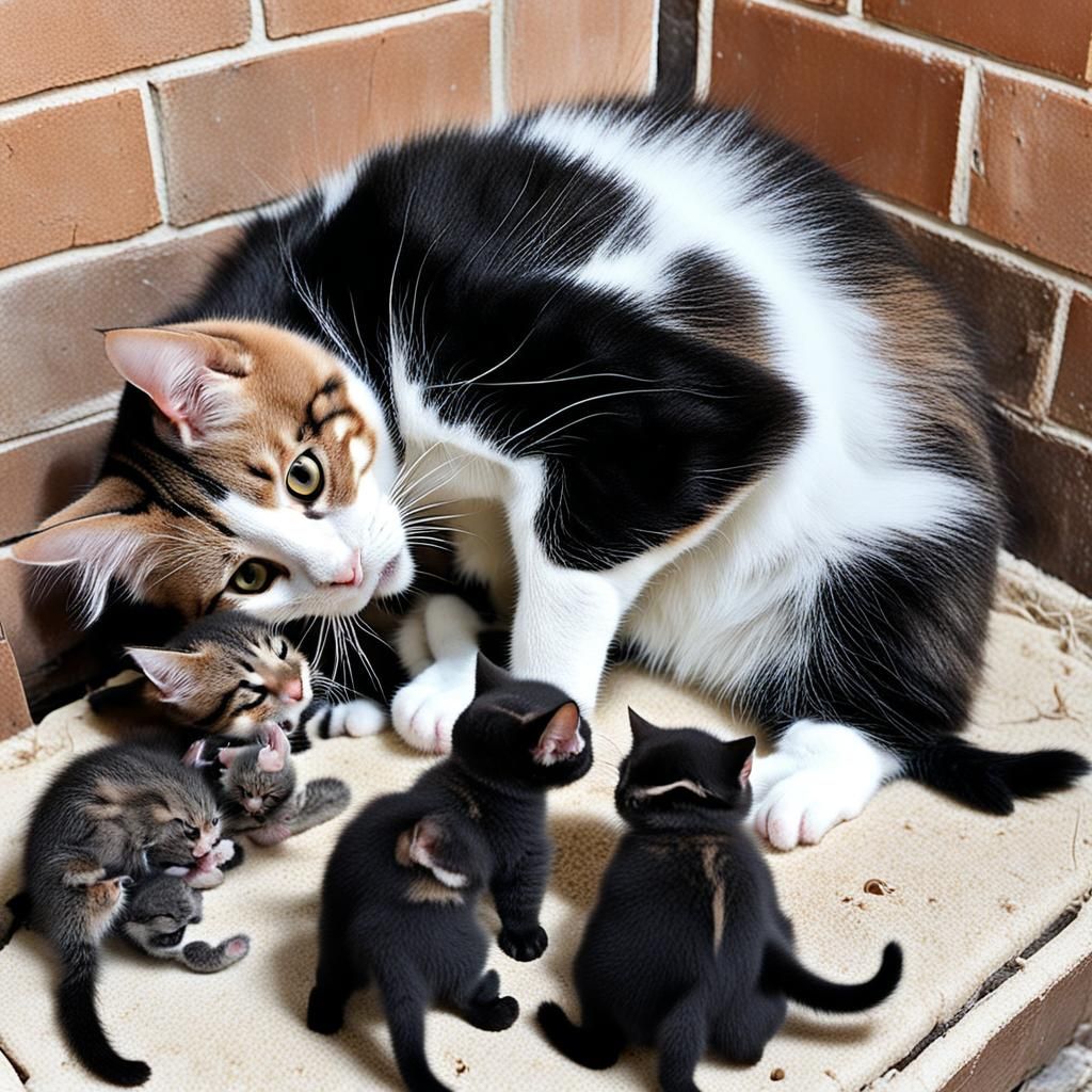 Mother Cat Grooming Her Kittens