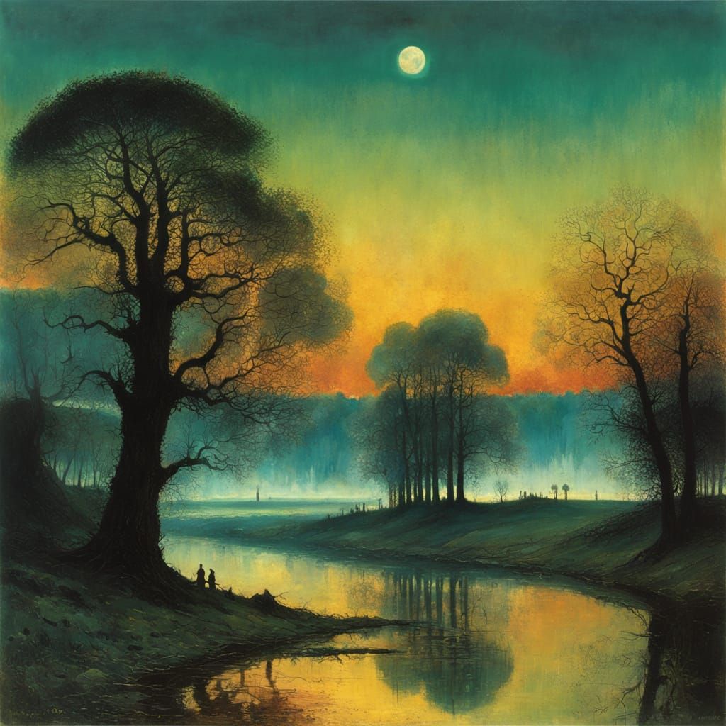 Surreal Landscape with Lake and Oak Trees