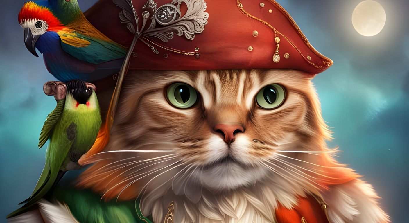 Anthropomorphic Cat Pirate with Parrot, Digital Painting