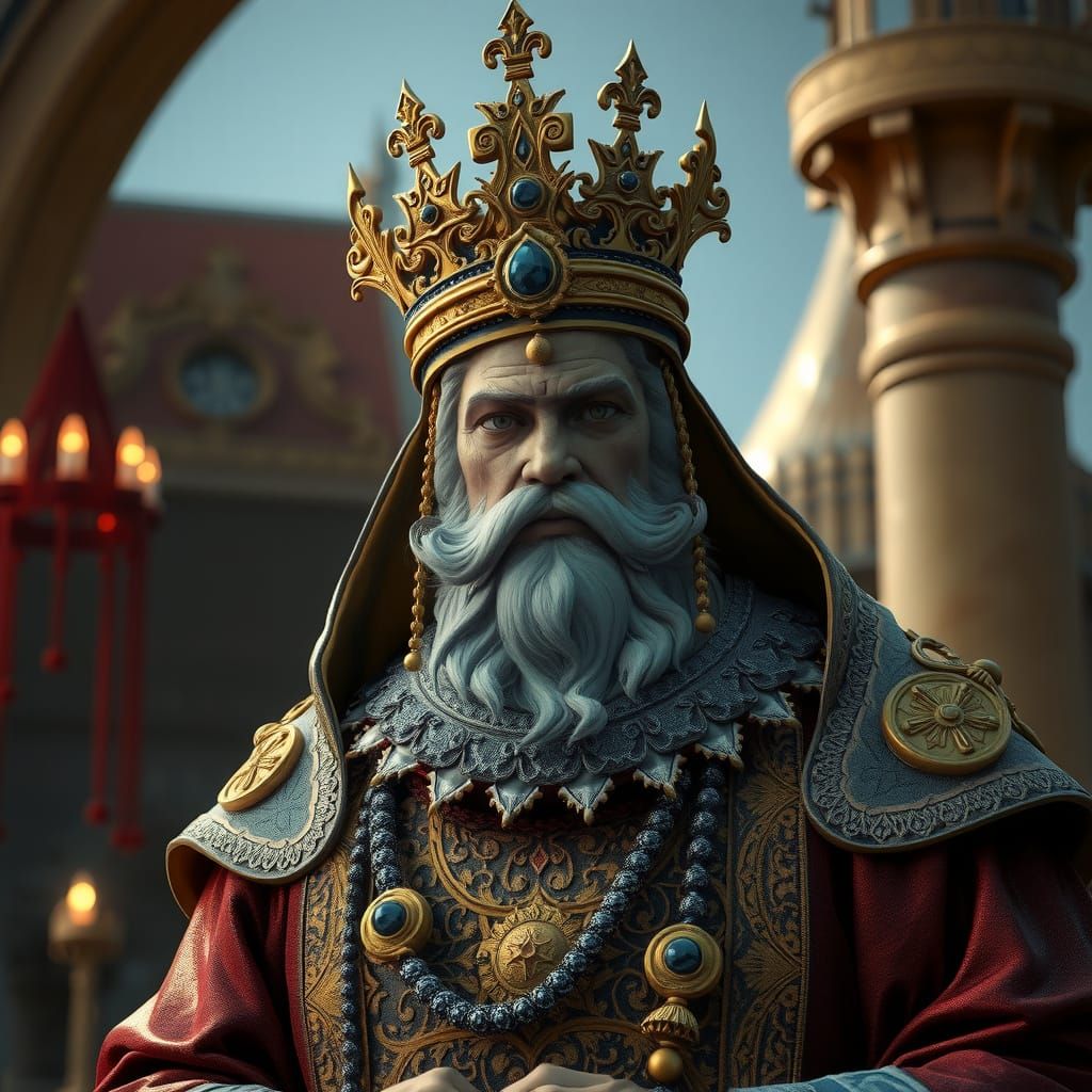 Regal Figure in Mystical Attire, Cinematic 3D Rendering