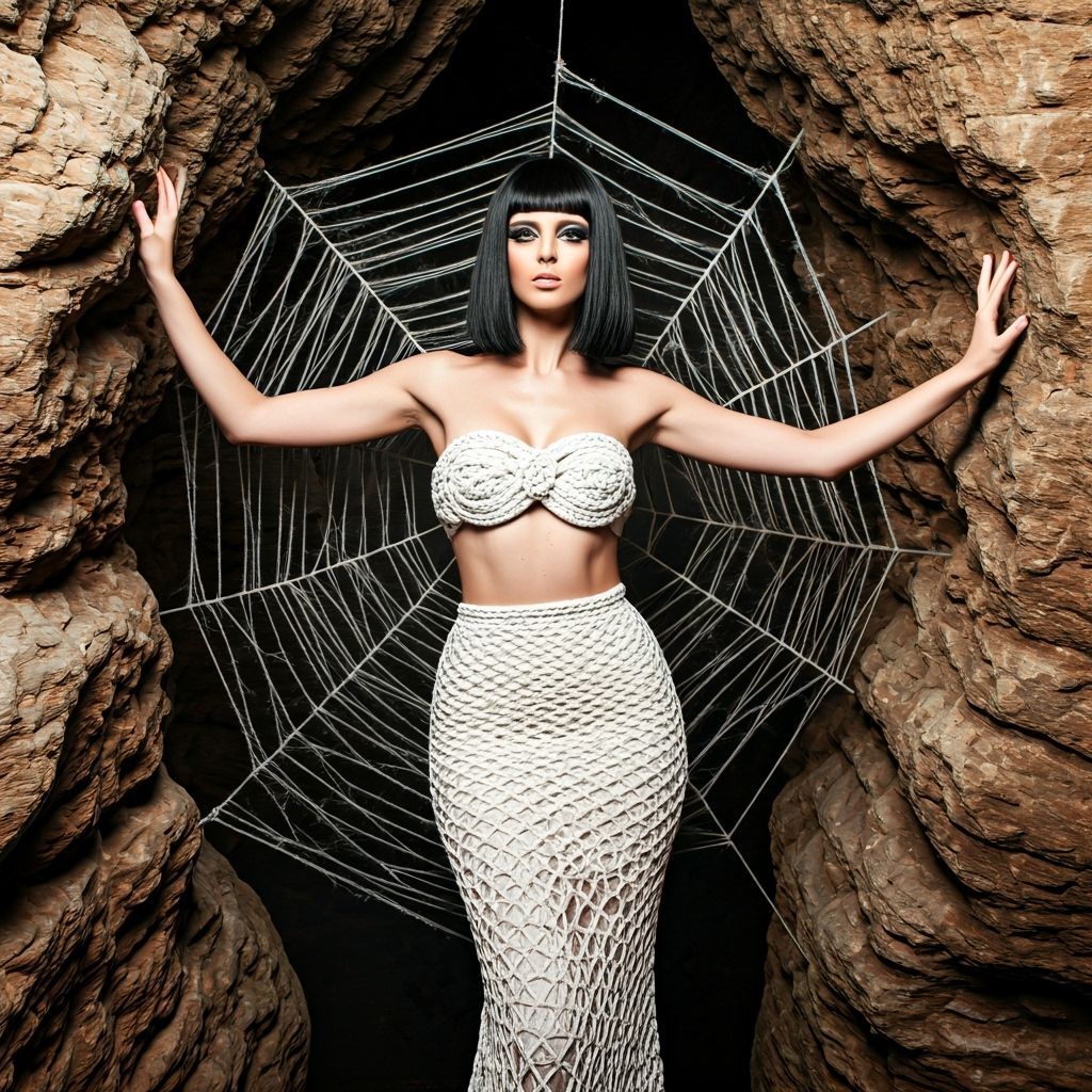 Model in Spiderweb Rope Dress Among Cave Rocks