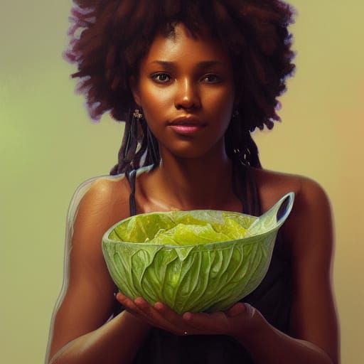 Jamaican Girl Portrait with Cabbage, Hyperdetailed Art