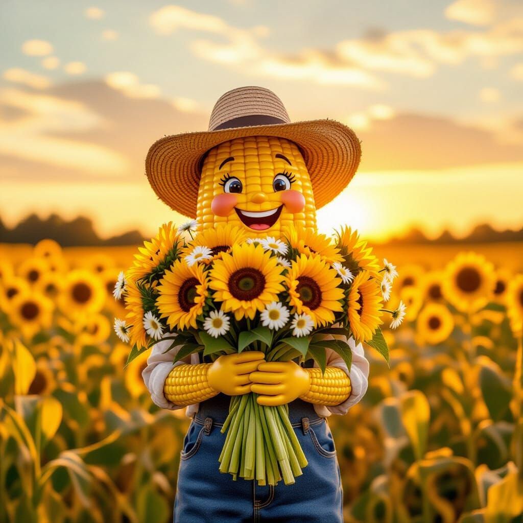 Whimsical Corn Farmer with Flower Bouquet in Golden Field