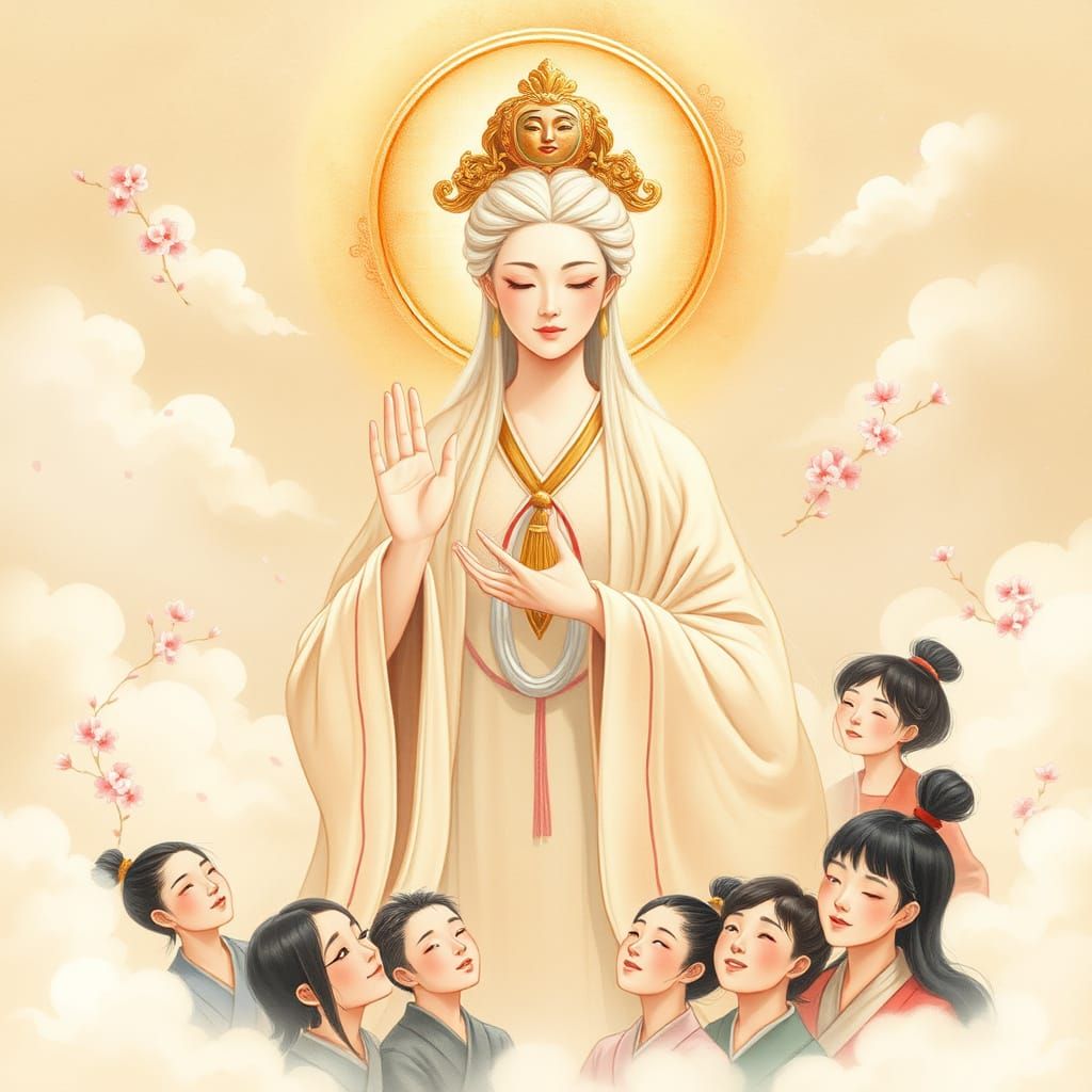 Merciful Goddess Qwan Yin Bestows Blessings Amidst Tranquil ...
