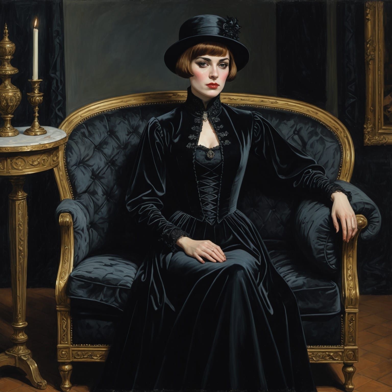 Gothic Woman in Mourning Outfit on French Sofa