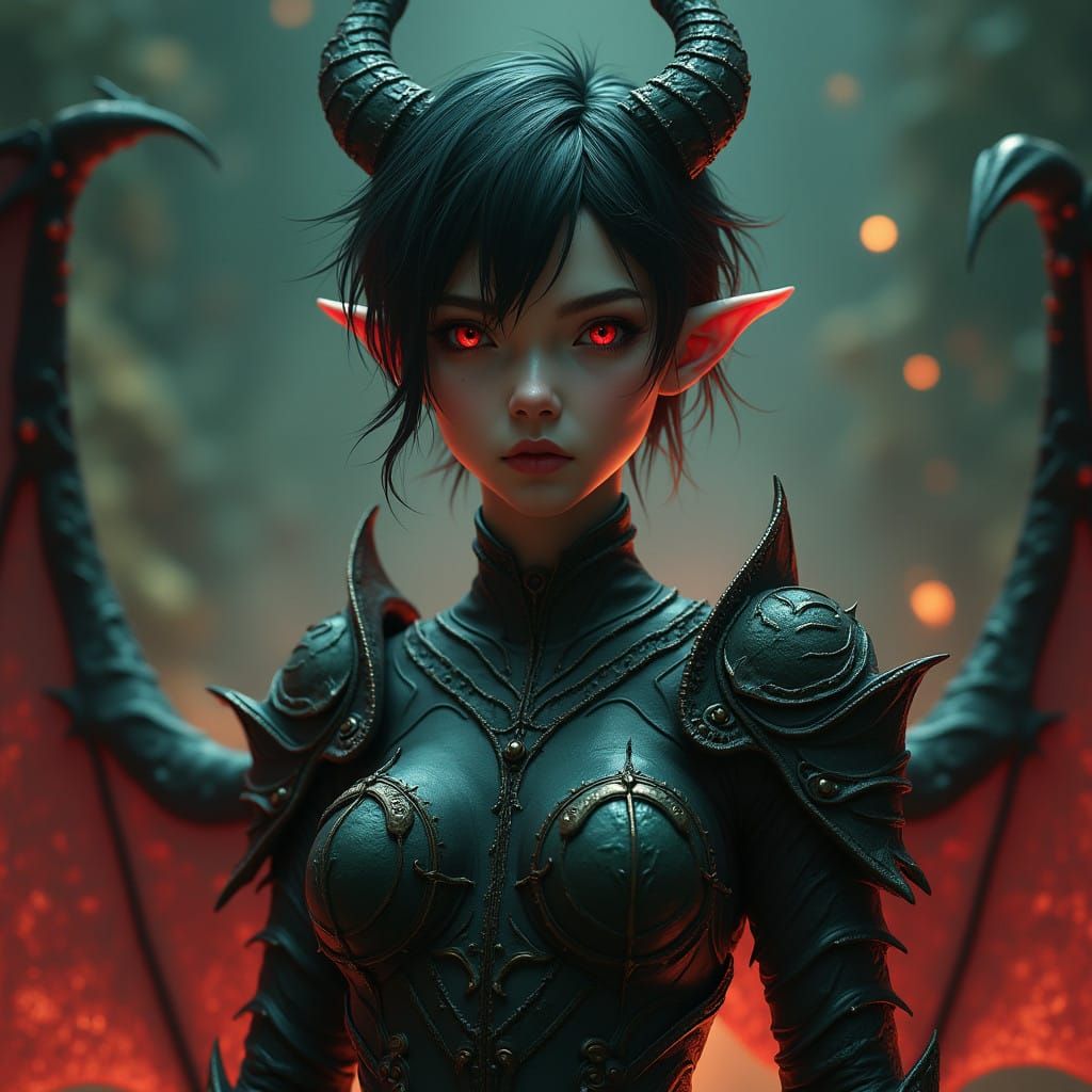 Fantastical Caucasian Demon Girl in Dark Armor
