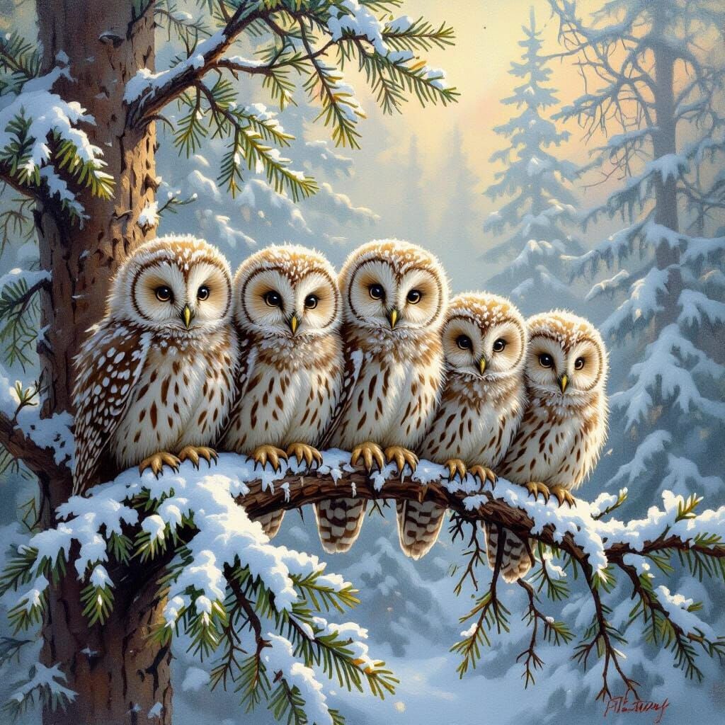 Fluffy Owl Babies in Snowy Woodland Landscape Oil Painting