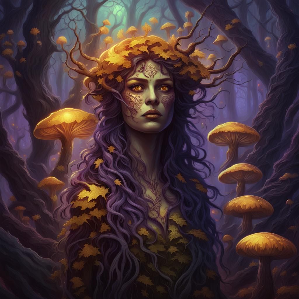 Mystical Autumn Dryad in Dark Fantasy Art Style