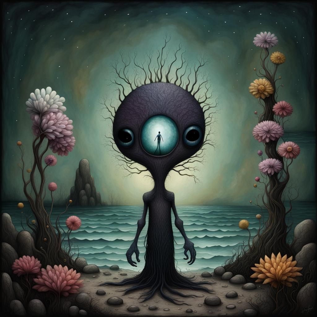 Eldritch Alien on Rocky Beach with Flowers