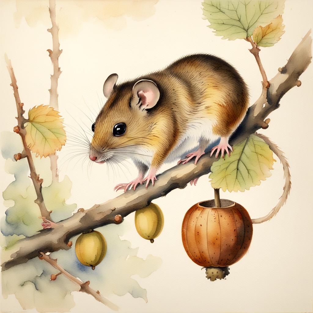 Field Mouse Eating Acorn in Chinese Watercolour