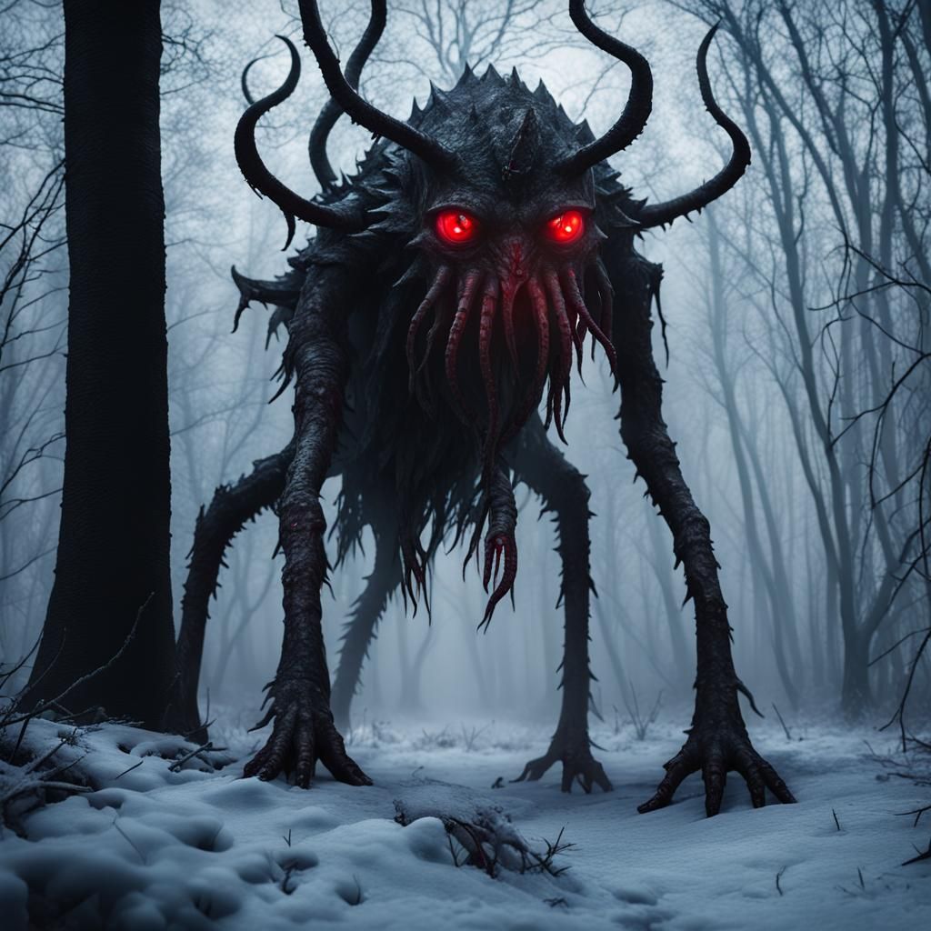 Eldritch Ice Creature in Foggy Winter Forest