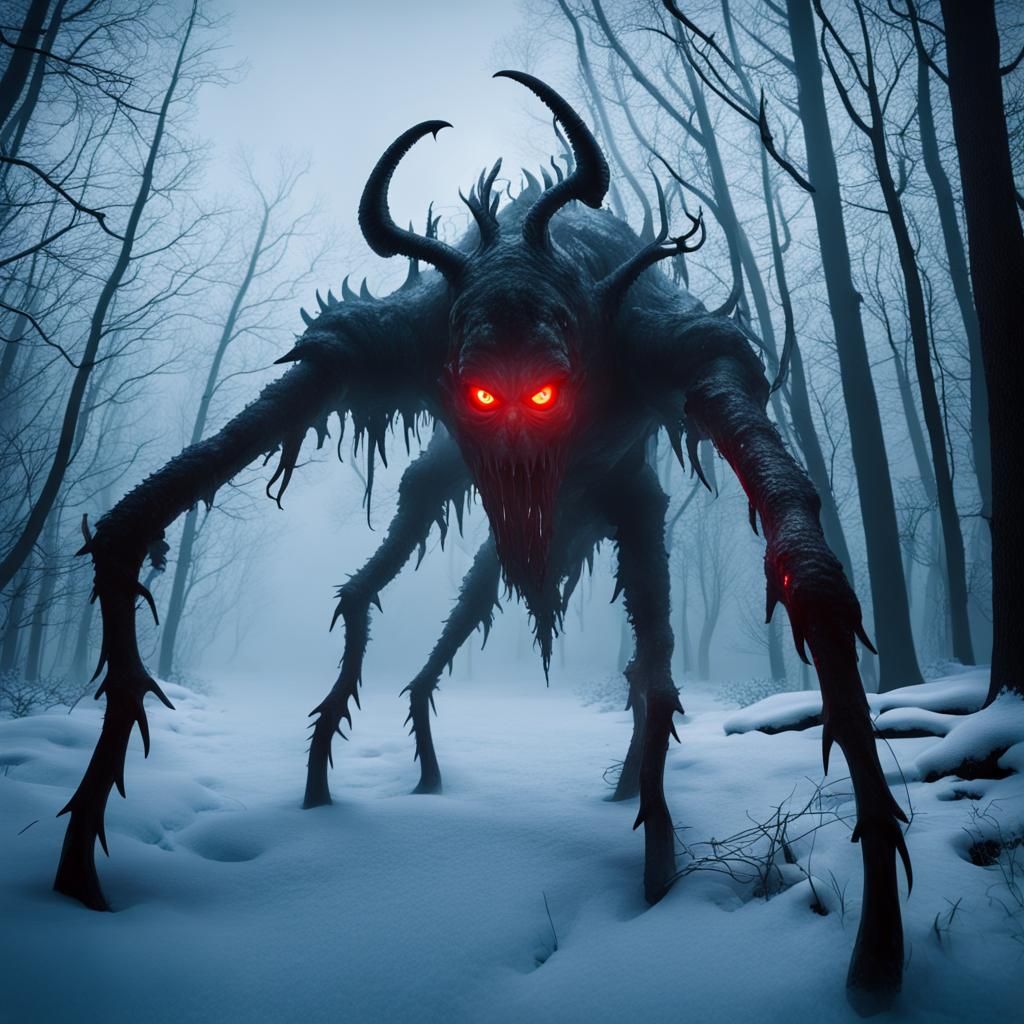 Eldritch Ice Creature in Lovecraftian Winter Forest