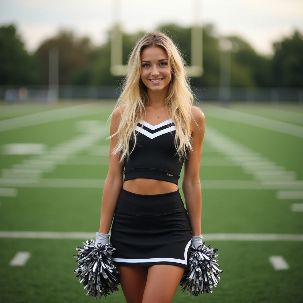 Blonde Cheerleader on Football Field in Editorial Style