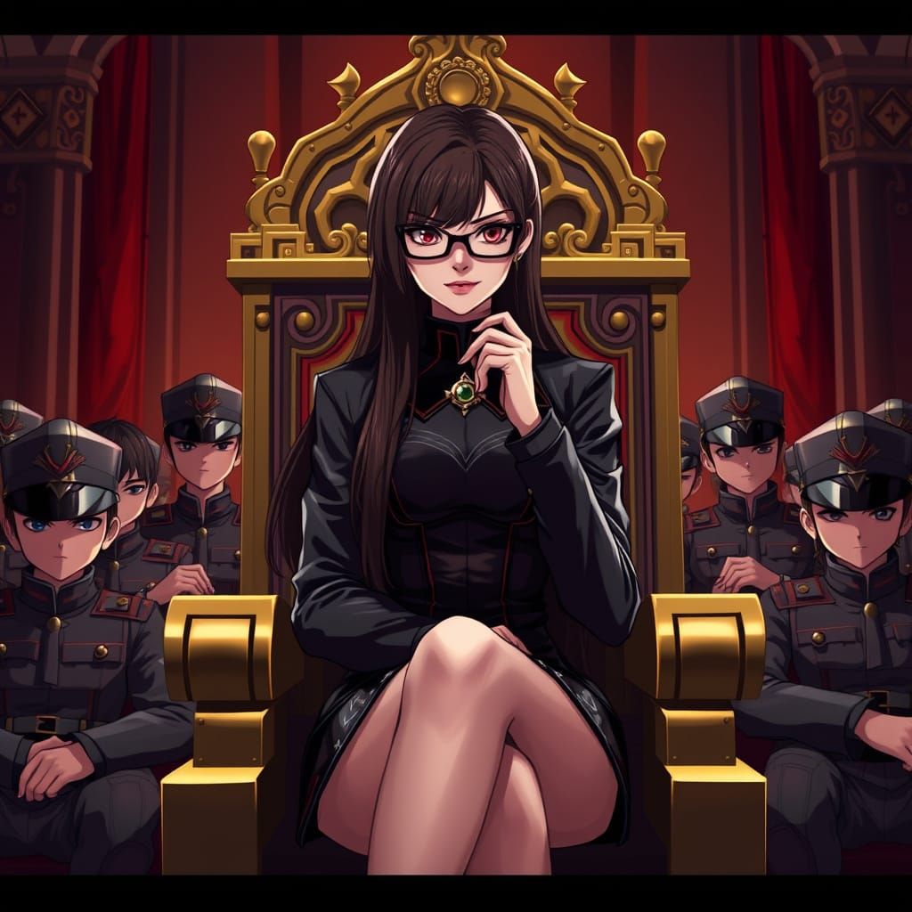 Anime Woman on Throne Surrounded by Soldiers