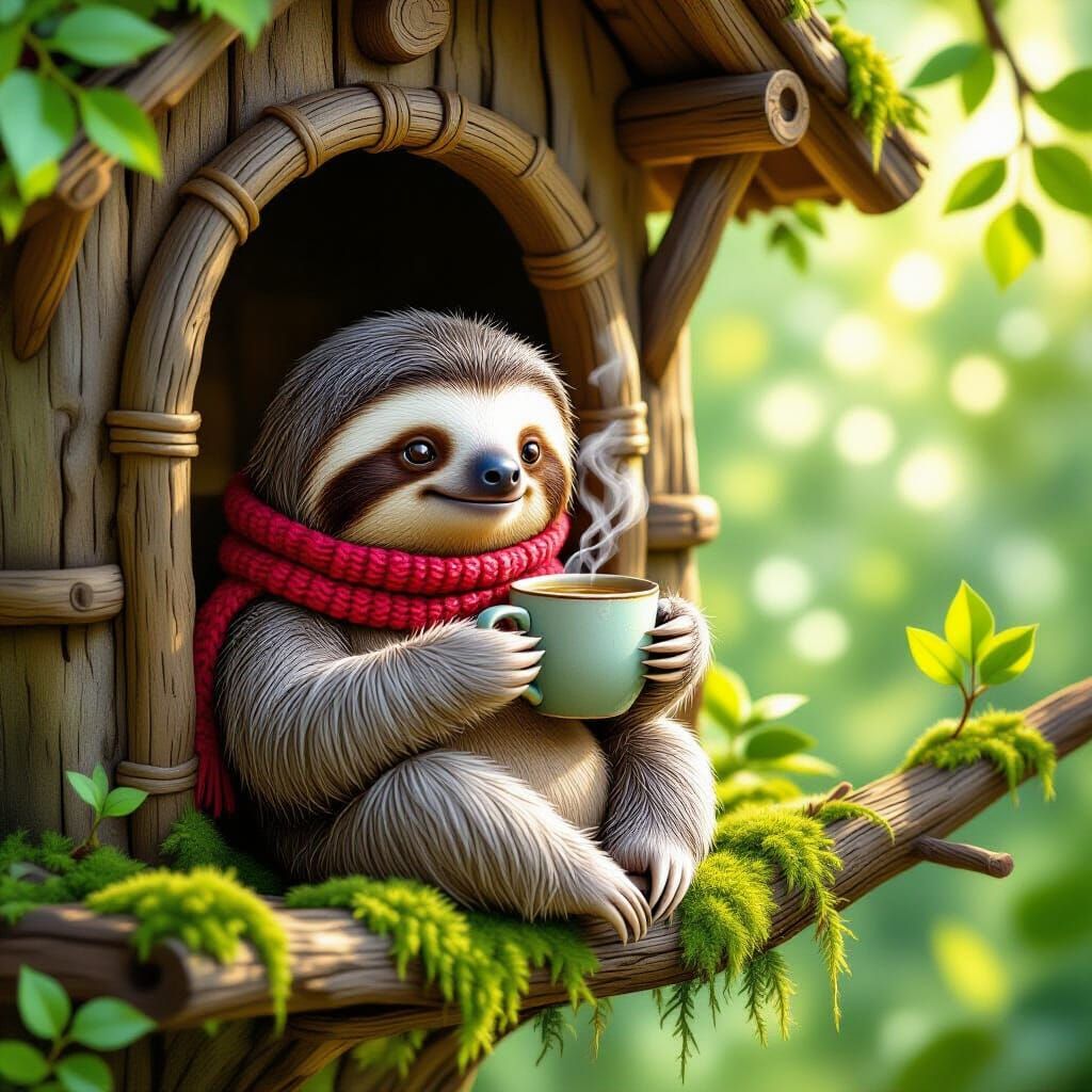 Cozy Sloth Sips Tea in Rustic Treehouse Illustration