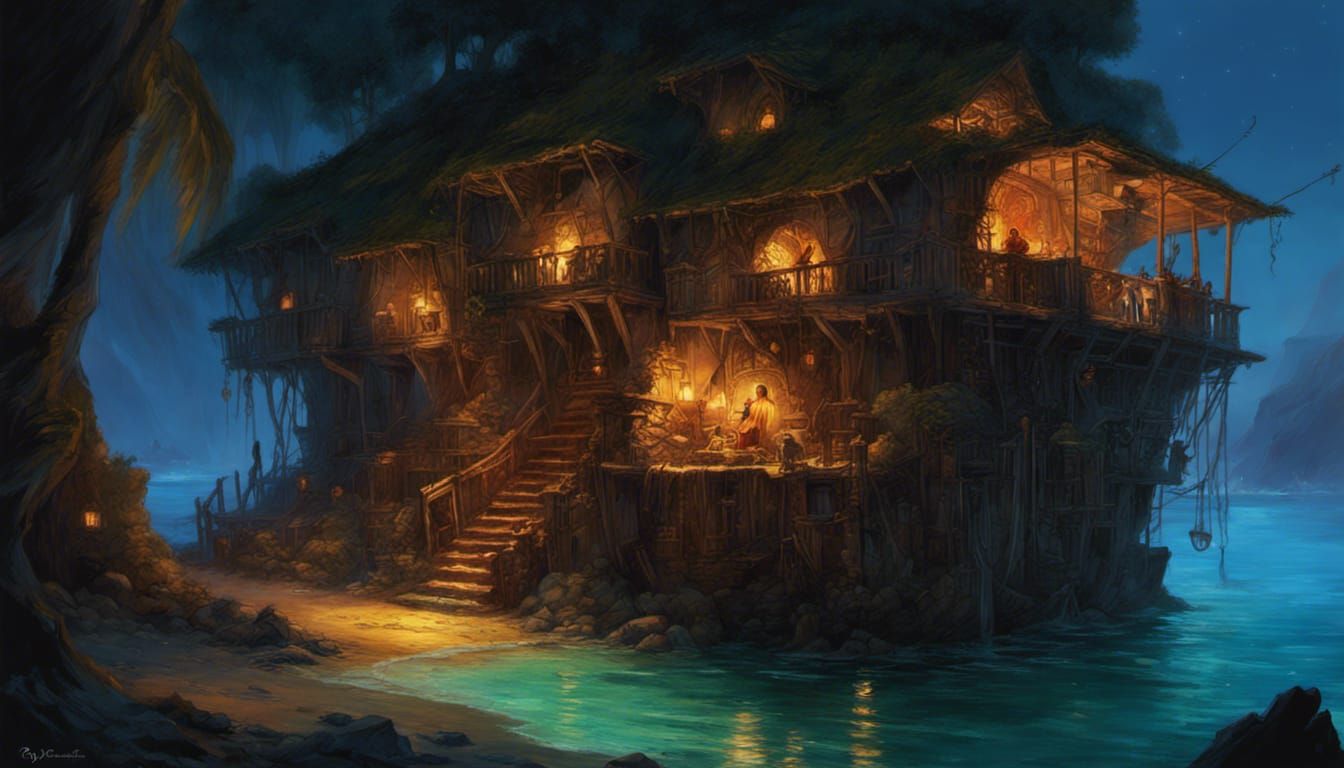 Pirate Hideout at Night: Elaborate and Realistic Painting