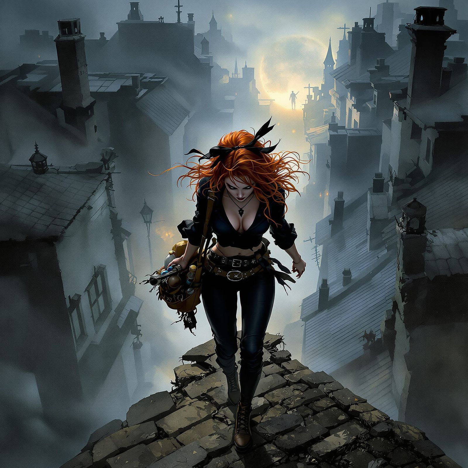 Ginger Rogue Witch on Rooftops in Sinister Fantasy Style