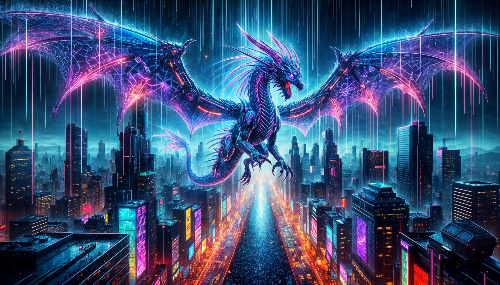 Neon Cyberpunk Dragon Soaring Over Cityscape