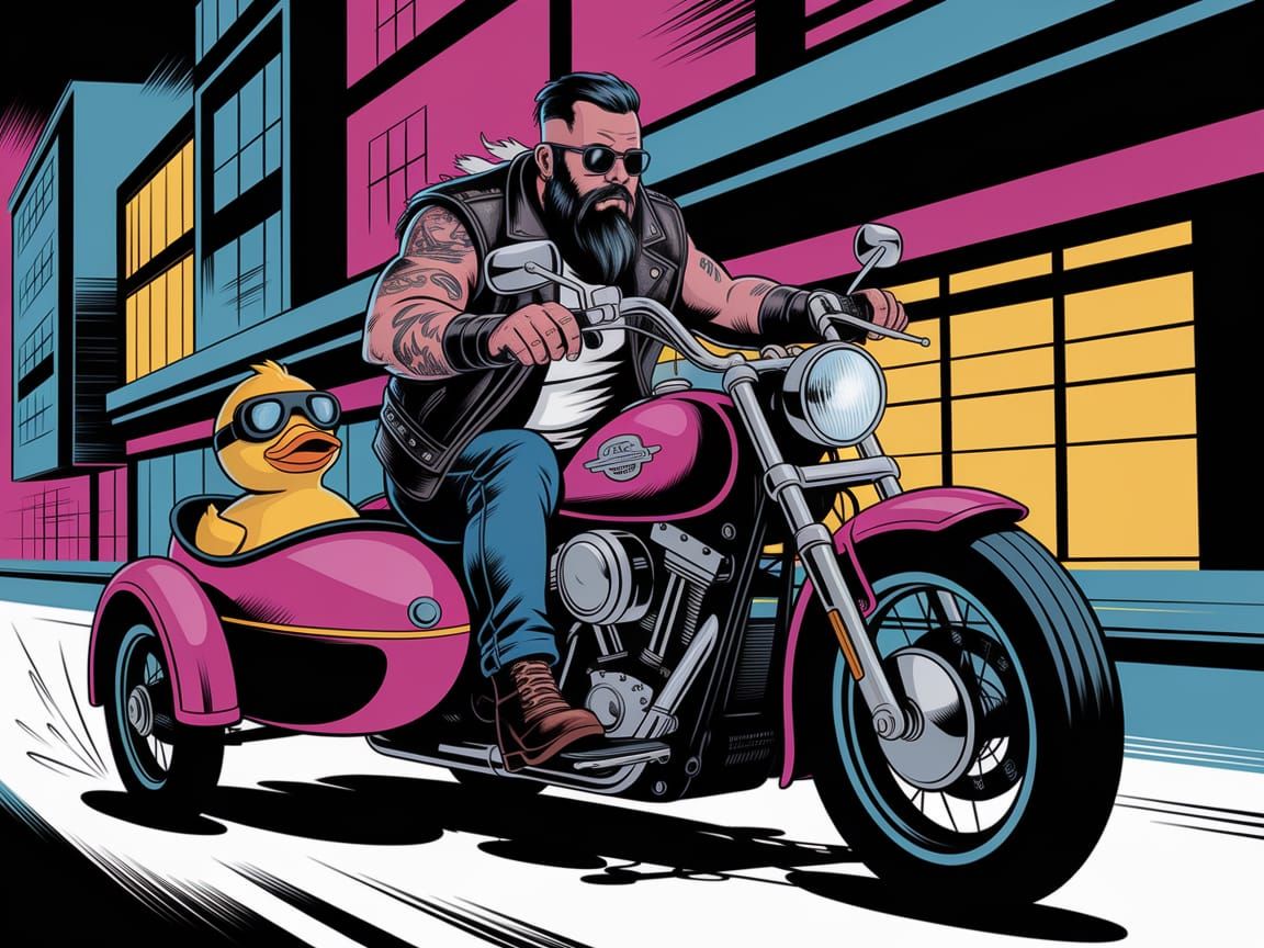 Biker and Duck Ride Neon Street in Pop Surrealist Style