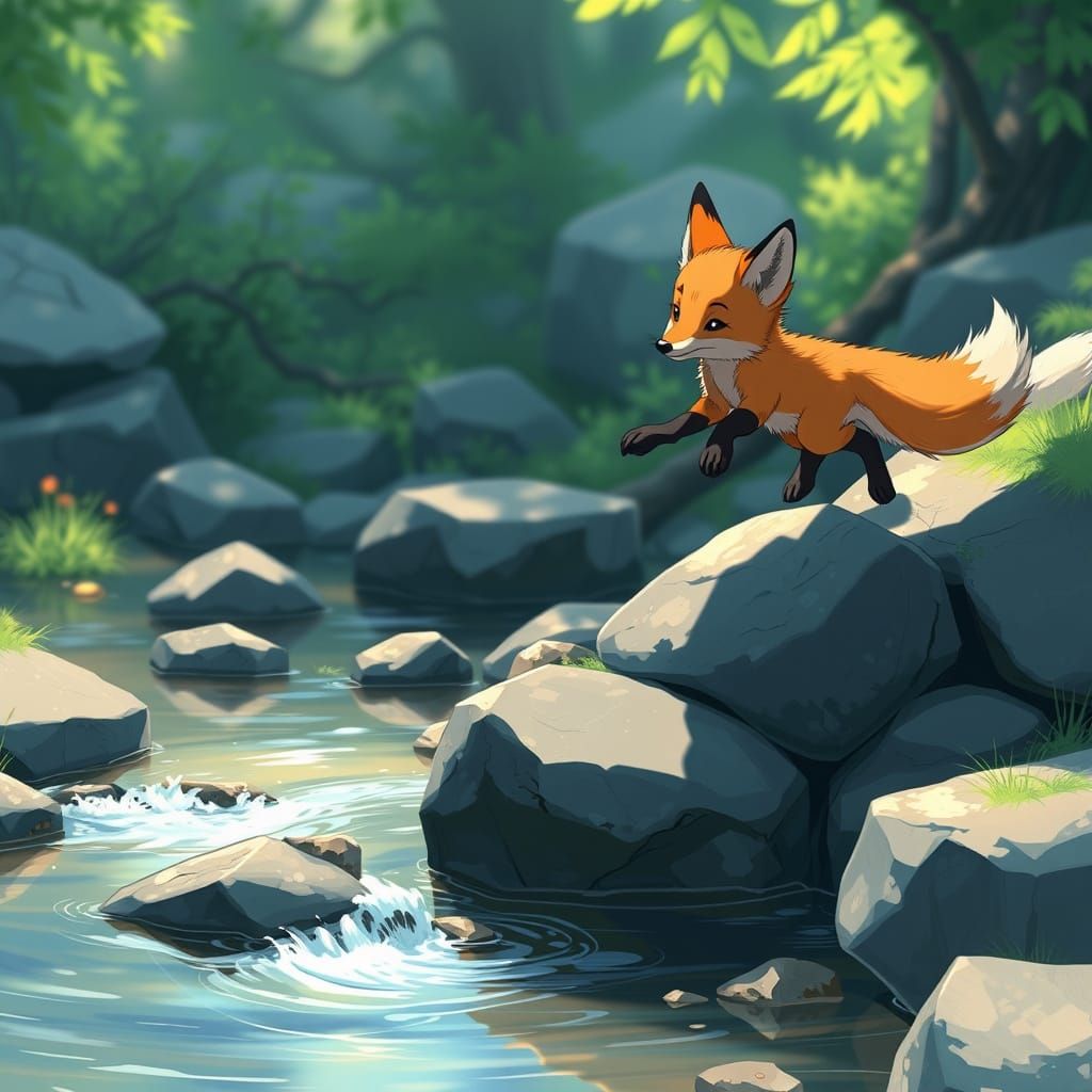 Baby Foxes Leap Across a Serene Stream in Vibrant Anime Styl...