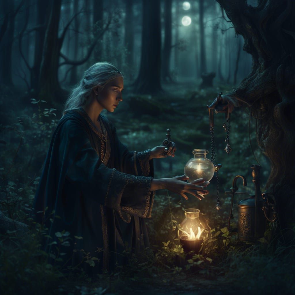 Bewitching Alchemist in Moonlit Forest